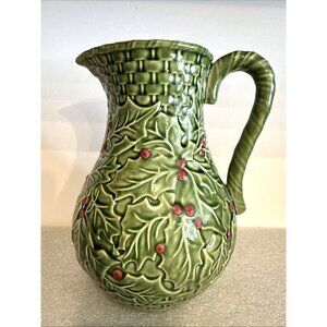 Bordallo Pinheiro Holly Berry Pitcher 9" Christmas Holiday Made In Portugal VTG